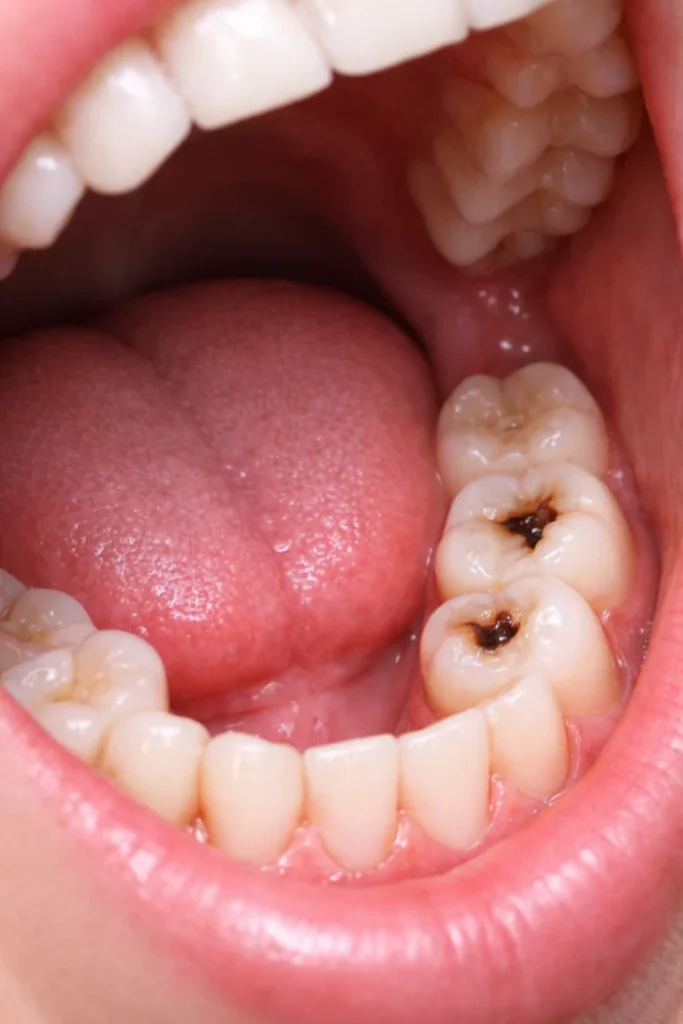 Close-up photo of a mouth showing two subtle cavities on lower molars