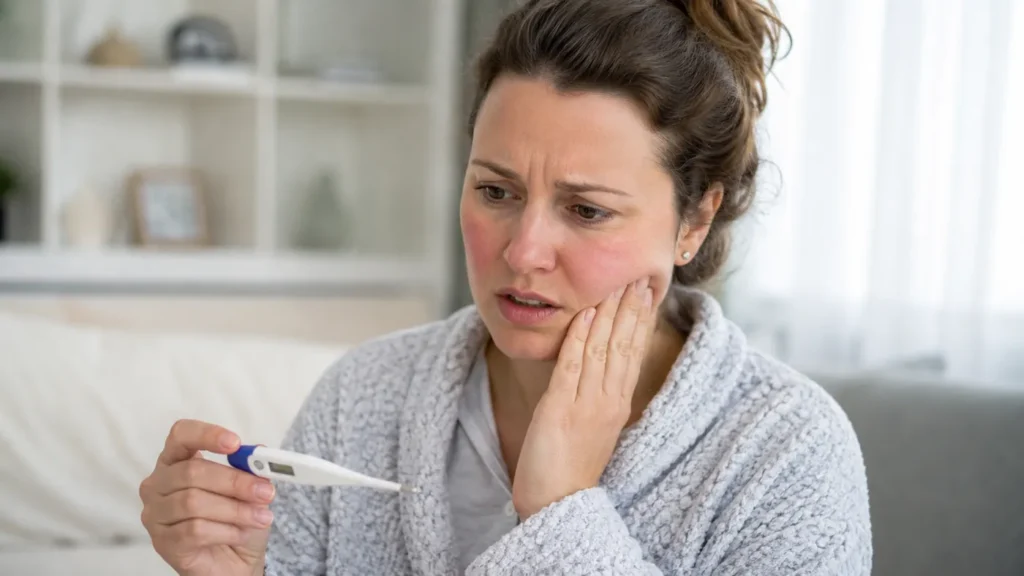 Woman with toothache checking temperature as signs of dental infection